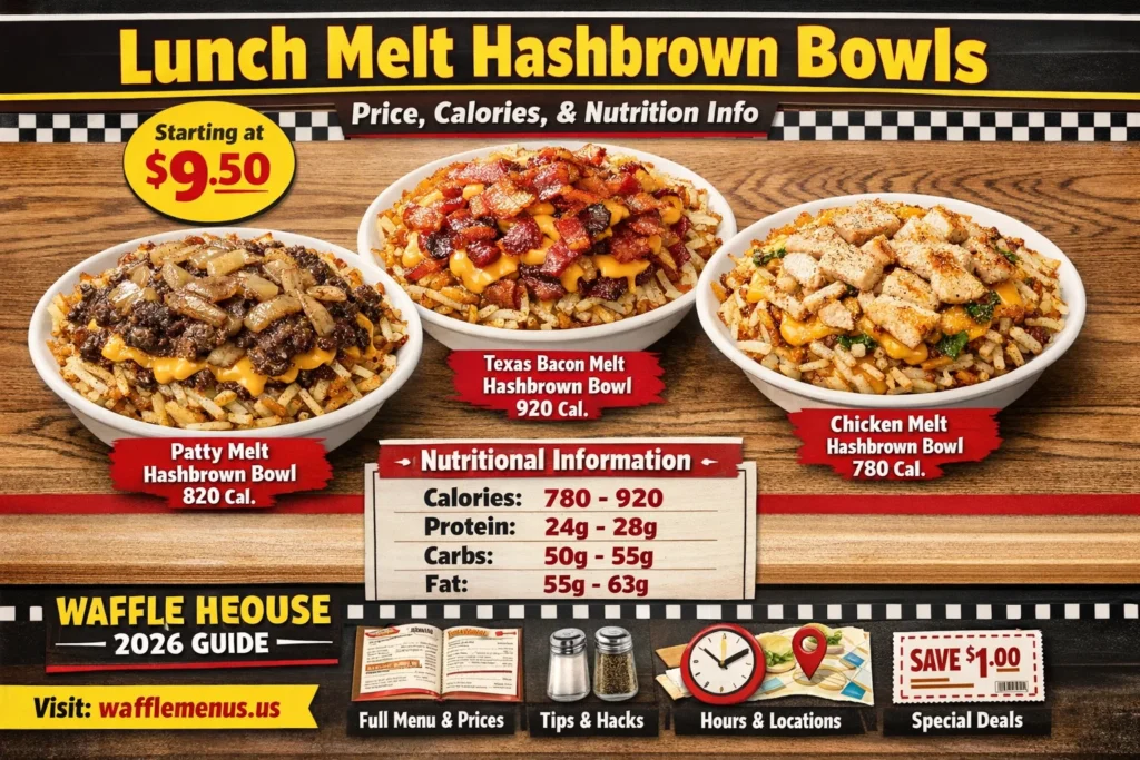 Lunch Melt Hashbrown Bowls Price, Calories, Nutrition & Complete Waffle House 2026 Guide