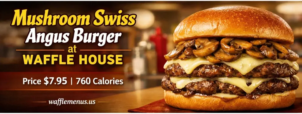 Mushroom Swiss Angus Burger at Waffle House Price $7.95 | 760 Calories