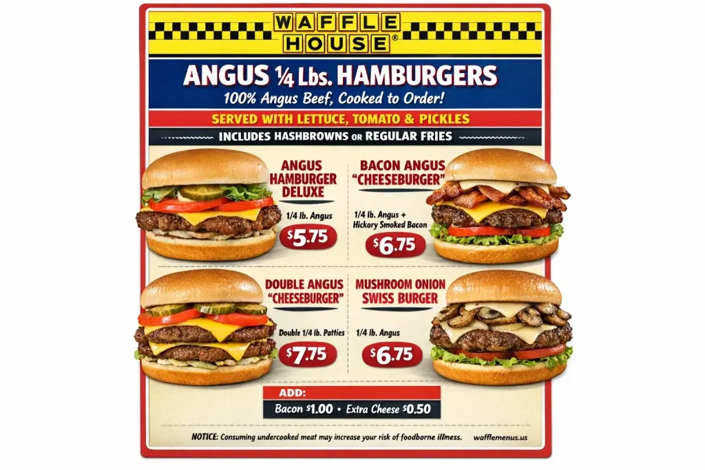 Waffle House Angus 1/4 Lbs Hamburger Menu with Prices