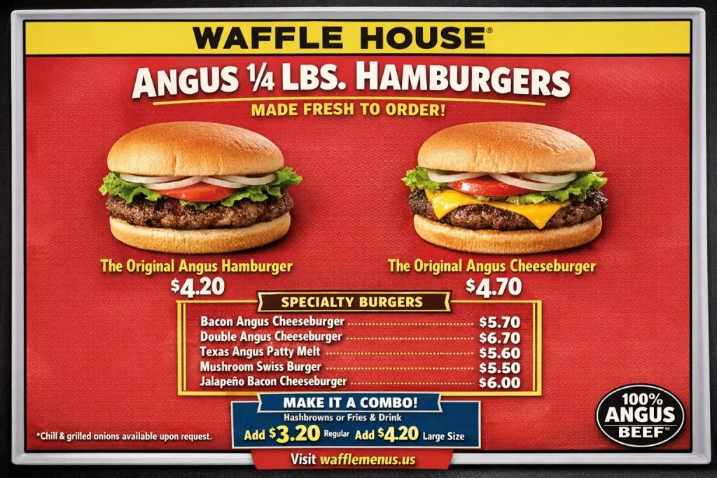 Waffle House Angus 1/4 Lbs Hamburger Menu with Prices
