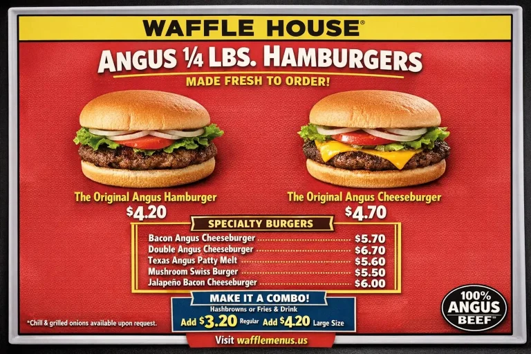 Waffle House Angus 1/4 Lbs Hamburger Menu with Prices