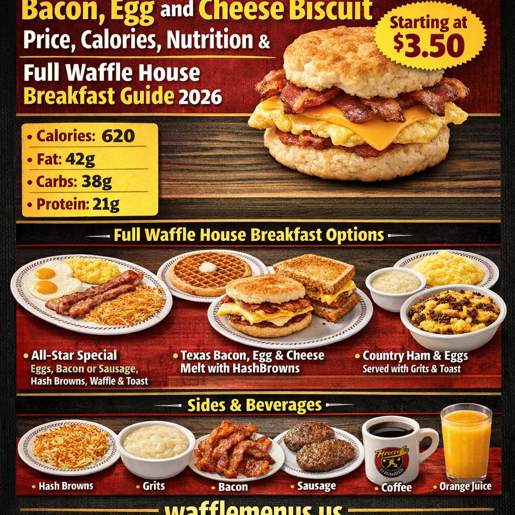 Bacon, Egg and Cheese Biscuit Price, Calories, Nutrition & Full Waffle House Breakfast Guide 2026