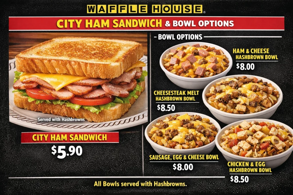 Waffle House City Ham Sandwich & Bowl Options