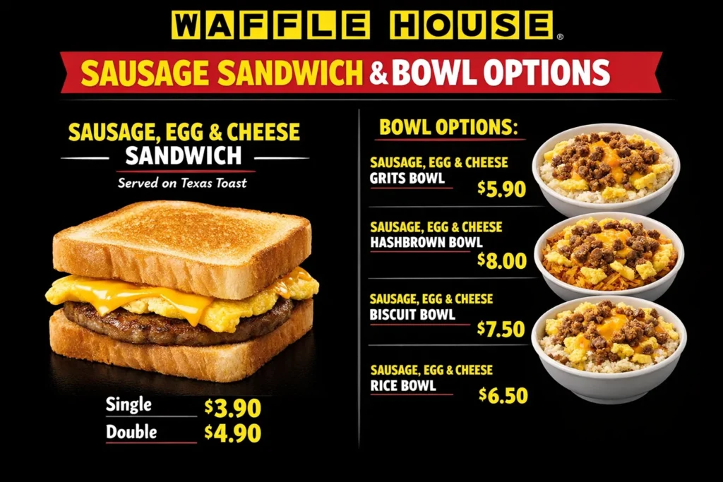 Waffle House Sausage Sandwich and Bowl Options