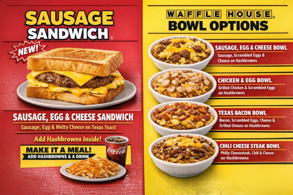 Waffle House Sausage Sandwich and Bowl Options