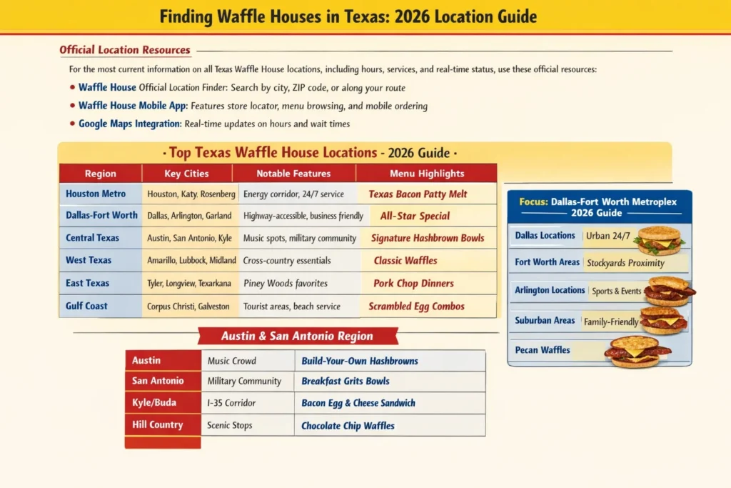 For travelers and locals seeking reliable comfort food across the Lone Star State, finding Waffle House locations in Texas provides consistent dining satisfaction any time of day or night. Whether searching for a 24 hour Waffle House Texas location in Houston, Dallas, Austin, or San Antonio, these iconic diners deliver Southern hospitality with their signature golden waffles, customizable hashbrowns, and hearty breakfast plates. The Waffle House Texas experience extends beyond major metros to communities like Fort Worth, El Paso, Corpus Christi, and Arlington TX, where each location maintains the chain's reputation for quality and accessibility. From North Texas to South Texas, and along major corridors like I-35, I-10, and I-45, Waffle Houses in Texas serve as essential pit stops for road trippers, shift workers, and families craving familiar comfort food. Exploring the Waffle House menu Texas offers reveals classic favorites like the All Star Special, pecan waffles, and the regional Texas bacon cheesesteak melt that have become staples for patrons across the state. Whether visiting for Waffle House breakfast Texas in the morning, a late-night meal from a Waffle House open 24 hours, or utilizing Waffle House delivery Texas services, customers appreciate the consistent quality and generous portions. The best Waffle House Texas locations often combine efficient service with that welcoming diner atmosphere that regulars cherish, making each visit to a Waffle House near me Texas feel like a homecoming. For those with dietary considerations, inquiring about Waffle House gluten free Texas options or checking Waffle House nutrition Texas information ensures everyone can enjoy these Southern comfort classics. The cultural significance of Waffle Houses in Texas extends beyond mere dining establishments to become community landmarks and regional traditions. From the Hill Country to the Gulf Coast, and throughout Central Texas and West Texas, these restaurants have woven themselves into the fabric of local life. The Waffle House experience Texas represents more than just food—it's about reliability during storms, consistency for travelers, and community connection for regulars. Whether you're searching for a Waffle House DFW location after a flight, a Waffle House near me for a quick breakfast, or planning a stop at a Waffle House I-35 location during a road trip, these establishments deliver exactly what hungry Texans expect: quality comfort food served with genuine Southern hospitality around the clock.