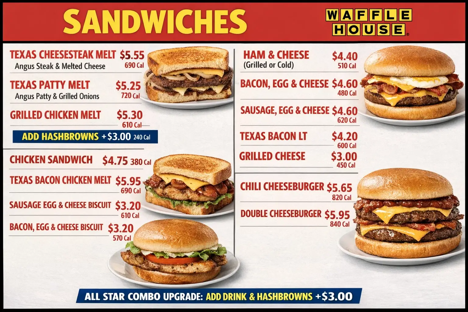 Waffle House Sandwiches Menu Current Prices and Calories