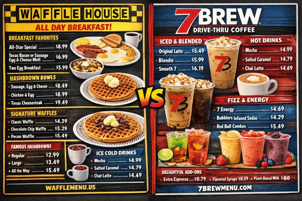Waffle House vs 7 Brew Menu with Prices